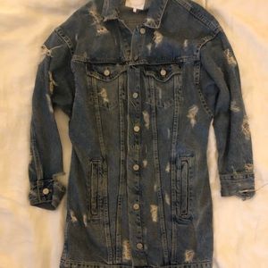 Zara extra long distressed denim jacket